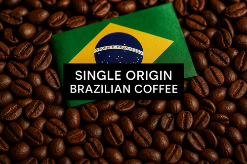 can you add text box with black background white text "SINGLE ORIGIN BRAZILIAN COFFEE" in font aria size 20 in the middle