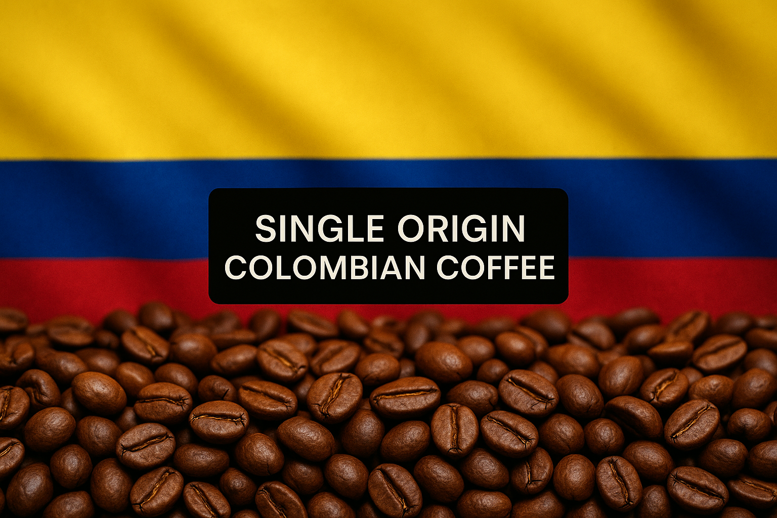 coffee beans with colombian flag. add a text box in the middle with a black background and white text "SINGLE ORIGIN COLOMBIAN COFFEE" in font aria size 20