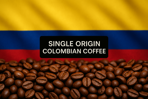 coffee beans with colombian flag. add a text box in the middle with a black background and white text "SINGLE ORIGIN COLOMBIAN COFFEE" in font aria size 20
